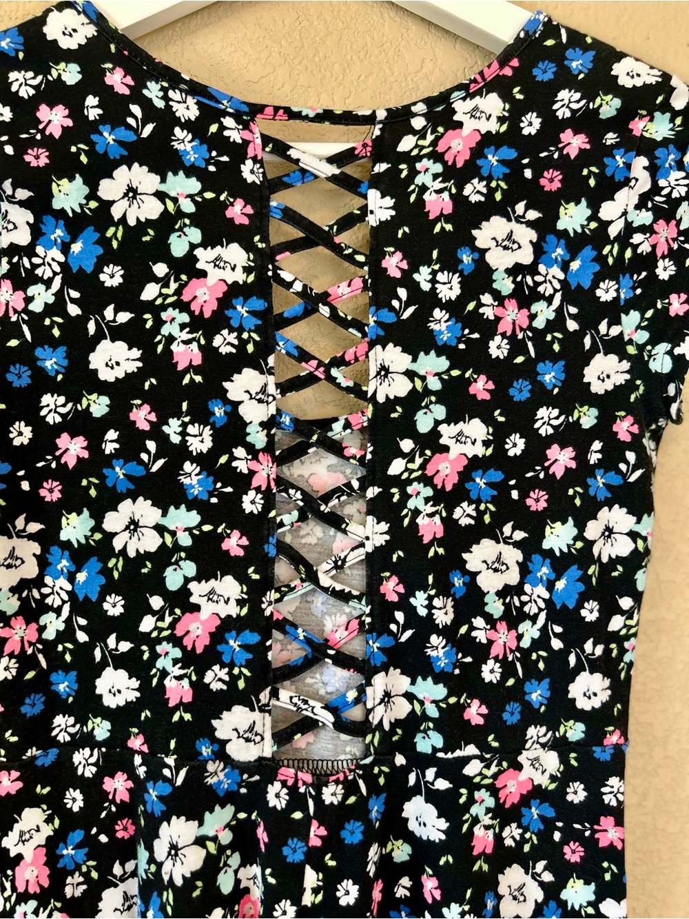 Aeropostale Black Floral Lace-Up Skater Mini Dress Size M Summer Fitted Coquette - Picture 7 of 9